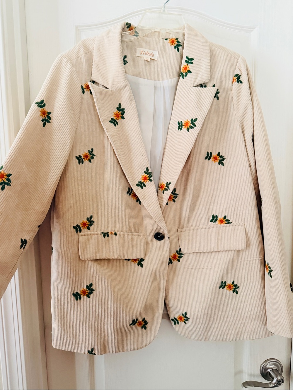 Floral Embroidered Tan Corduroy Blazer